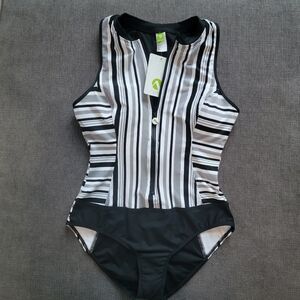 Next Women's Black and White Striped Front Zip One Piece Swimsuit sz Sma…